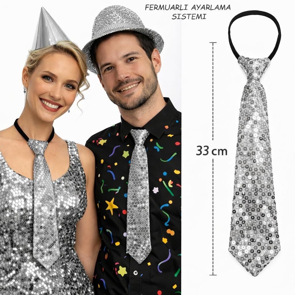 Pul Payetli Işıltılı Parti Kravatı 33 cm Gümüş