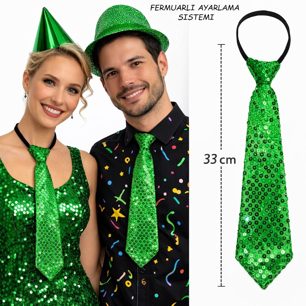 Pul Payetli Işıltılı Parti Kravatı 33 cm Yeşil
