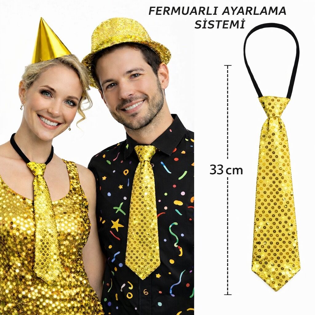 Pul Payetli Işıltılı Parti Kravatı 33 cm Altın
